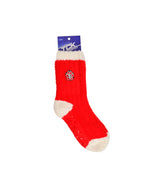 Fuzzy red socks with white trim and SD Paw logo on side