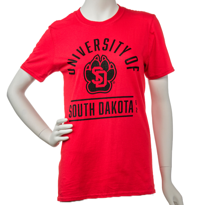 
                
                    Load image into Gallery viewer, Red tee with black University of South Dakota lettering
                
            