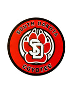 Round red and black lighted LED wall sign that says 'South Dakota Coyotes' with the SD Paw logo in the middle
