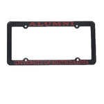 Thin black license frame with red Alumni of University of South Dakota in red lettering