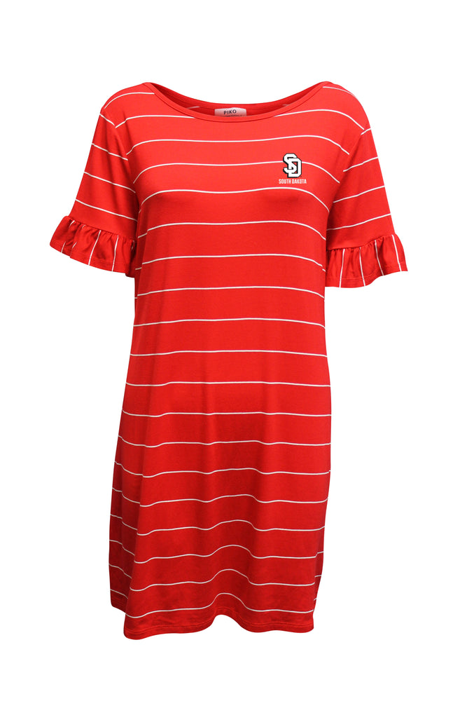 Red dress with white strips and SD logo top right corner