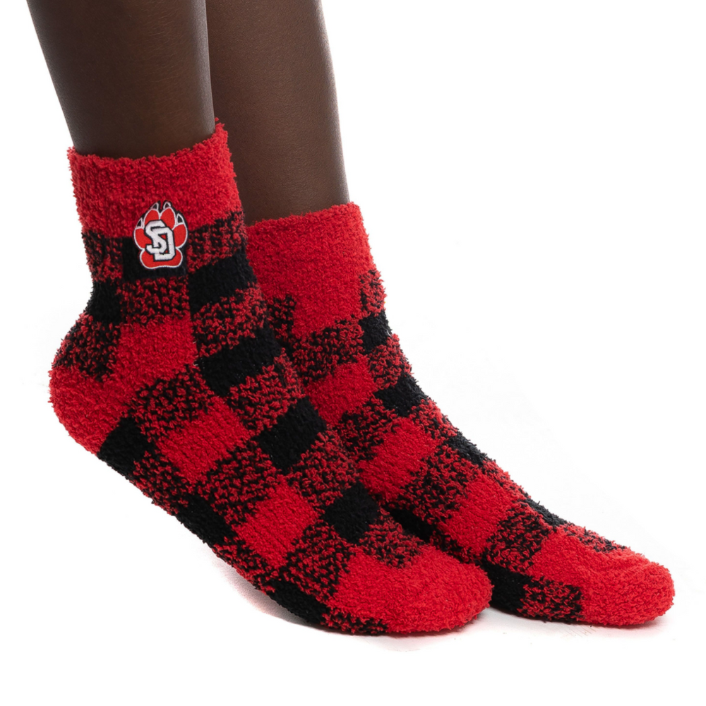 South Dakota Coyotes Red and Black Checkered Fuzzy Ankle Socks