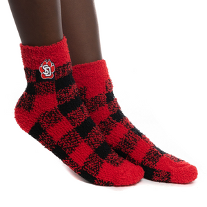 
                
                    Load image into Gallery viewer, South Dakota Coyotes Red and Black Checkered Fuzzy Ankle Socks
                
            