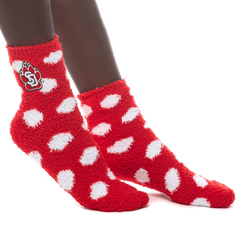 South Dakota Coyote Red Socks with White Polka Dot Fuzzy Ankle Socks