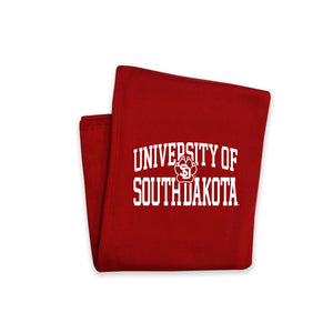 Red Pro Weave Sweatshirt blanket with white University of South Dakota lettering
