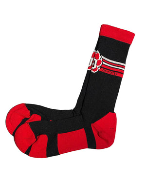 
                
                    Load image into Gallery viewer, USD Logoed Socks Varsity Crew with red and white strips and SD paw
                
            