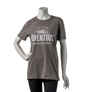 Gray tee with The Adventure Begins Again graphic