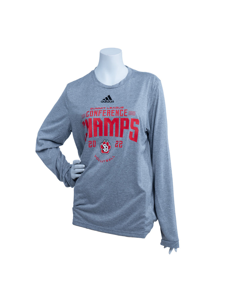 
                
                    Load image into Gallery viewer, 2022 Summit League Volleyball Conference Champs Long-Sleeve Adidas tee in heathered gray
                
            