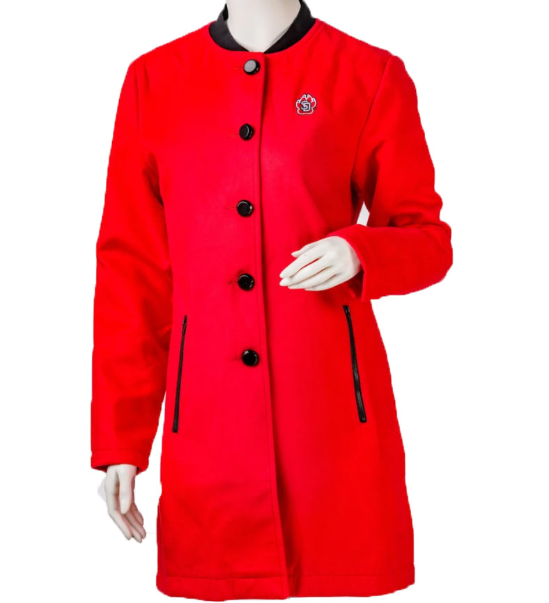 Long red coat with black trim and SD paw logo top right