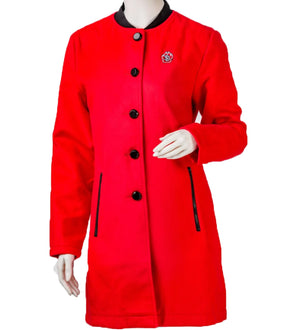 
                
                    Load image into Gallery viewer, Long red coat with black trim and SD paw logo top right
                
            
