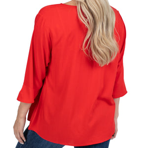 Women's Red Blouse with 3/4 Sleeves and Flared Cuff