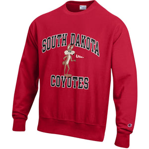 Red crew with vintage Charlie and black South Dakota Coyotes lettering 