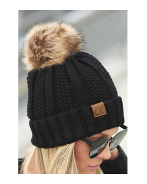 
                
                    Load image into Gallery viewer, CC Knit Hat Lined with a cozy layer of faux fur black
                
            