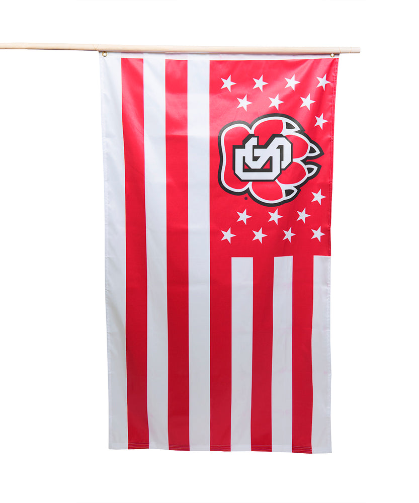 Red and white American flag with SD paw logo