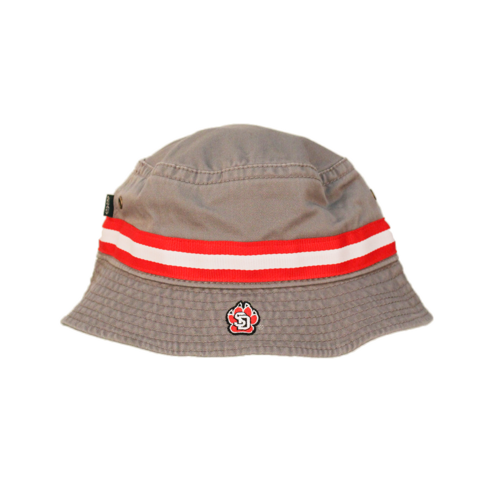 
                
                    Load image into Gallery viewer, Gray bucket hat with red and white stripe and SD paw
                
            