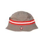 Gray bucket hat with red and white stripe and SD paw