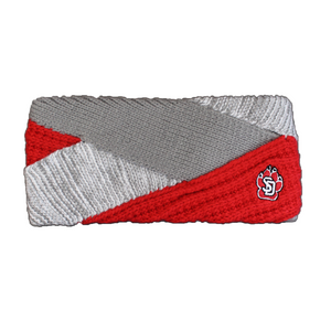 Gray and red criss crossed knitted headband 