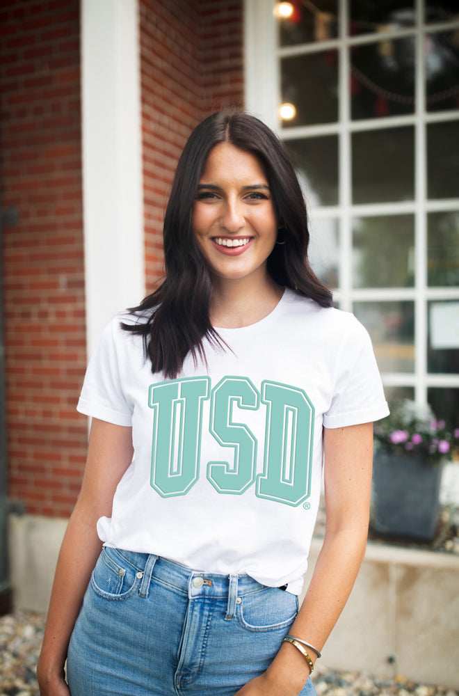 
                
                    Load image into Gallery viewer, Game Day Social Women&amp;#39;s White Cuffed Tee with mint USD
                
            