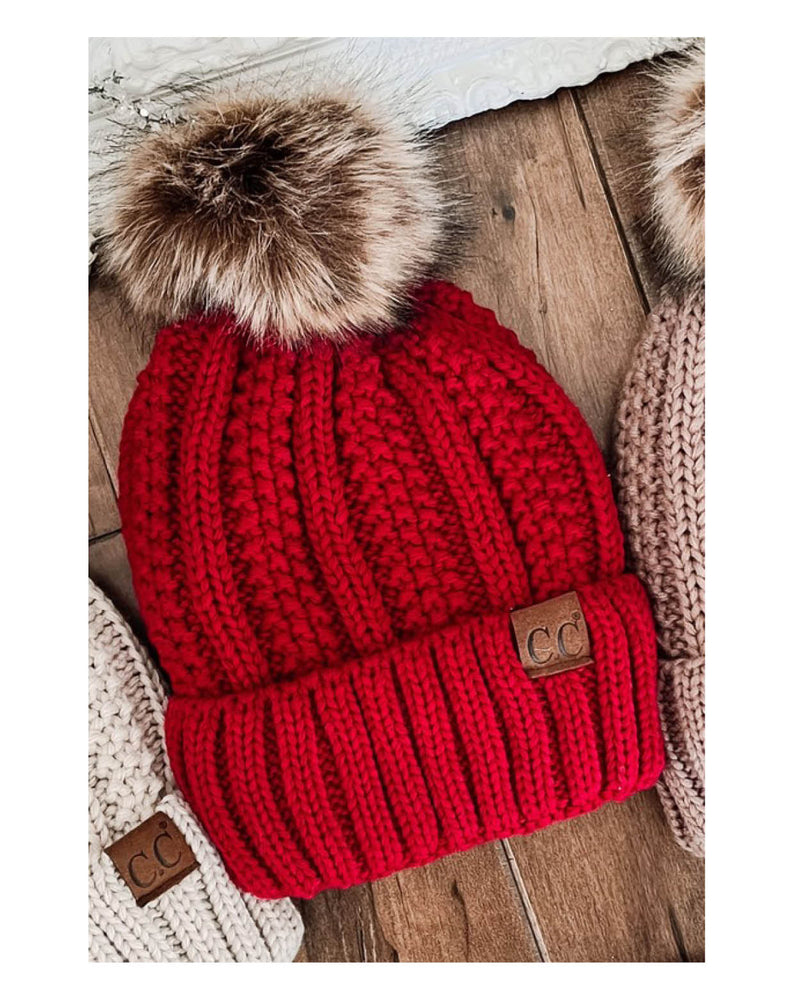 
                
                    Load image into Gallery viewer, red CC Knit Hat Lined with a cozy layer of faux fur
                
            