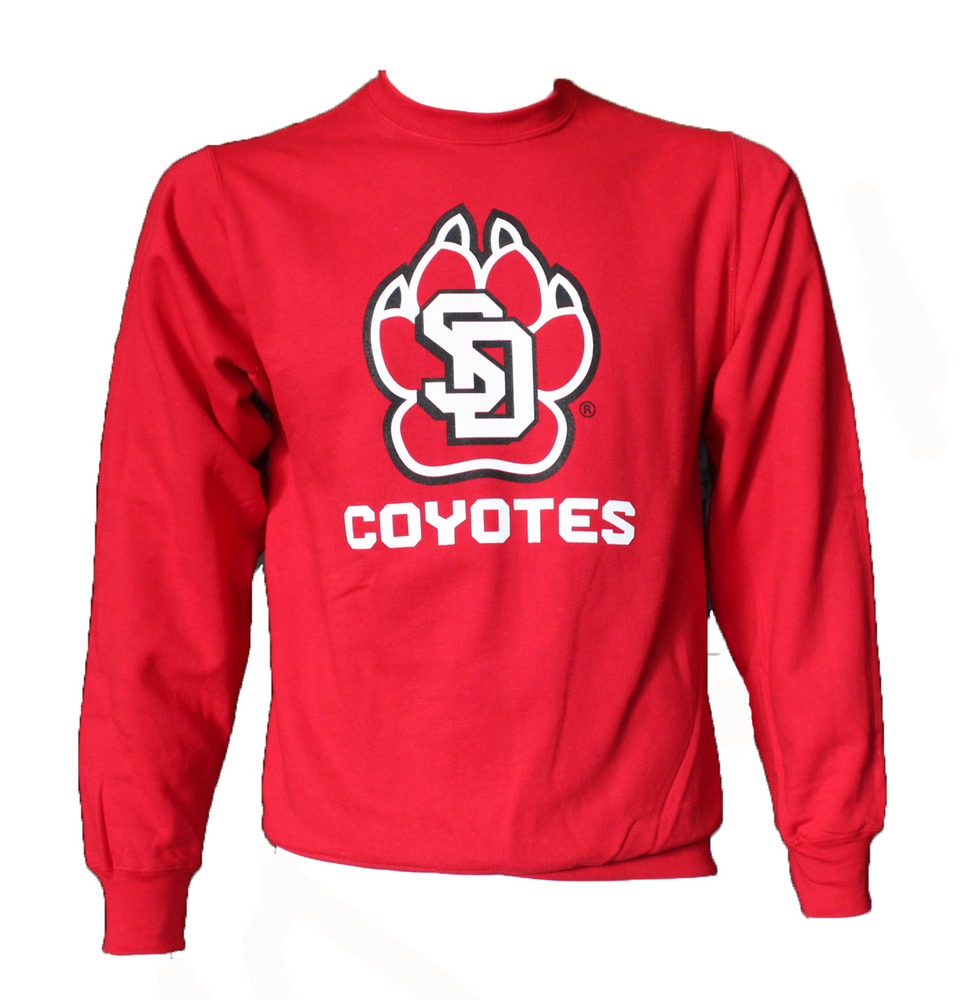 Red crew neck with SD paw and coyotes