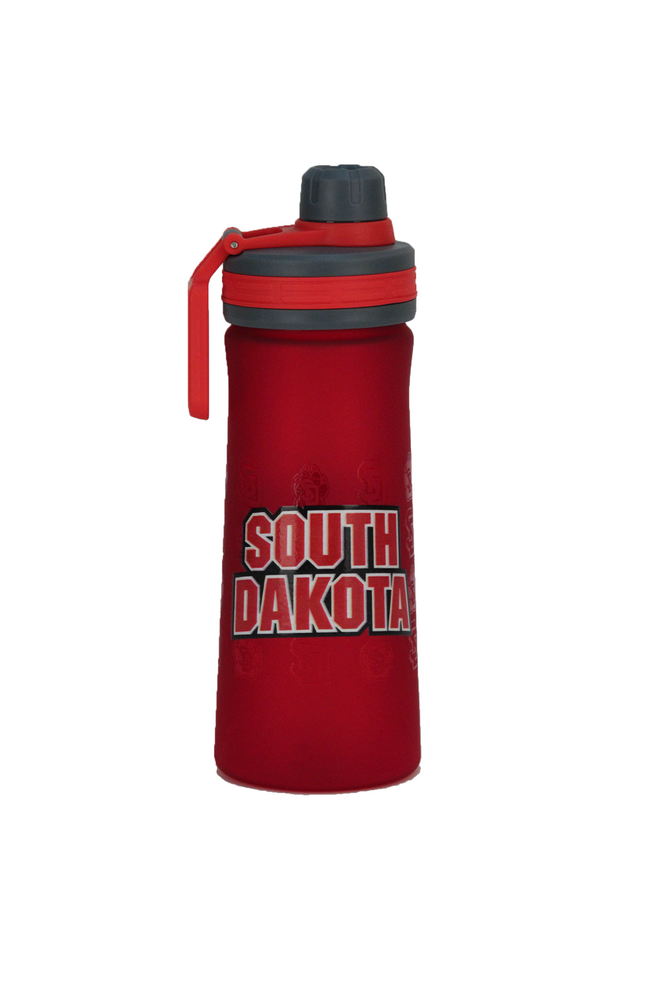 Red water bottle with South Dakota graphic