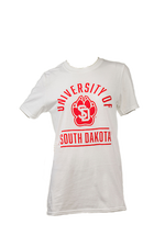 White tee with red University of South Dakota lettering and SD paw